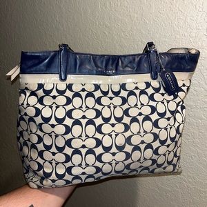 Coach Navy Blue & Khaki Signature Canvas/Leather Weekend Monogram Tote Bag